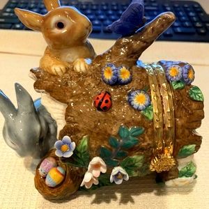 3 Porcelain Decorative Box Rabbit Figurines